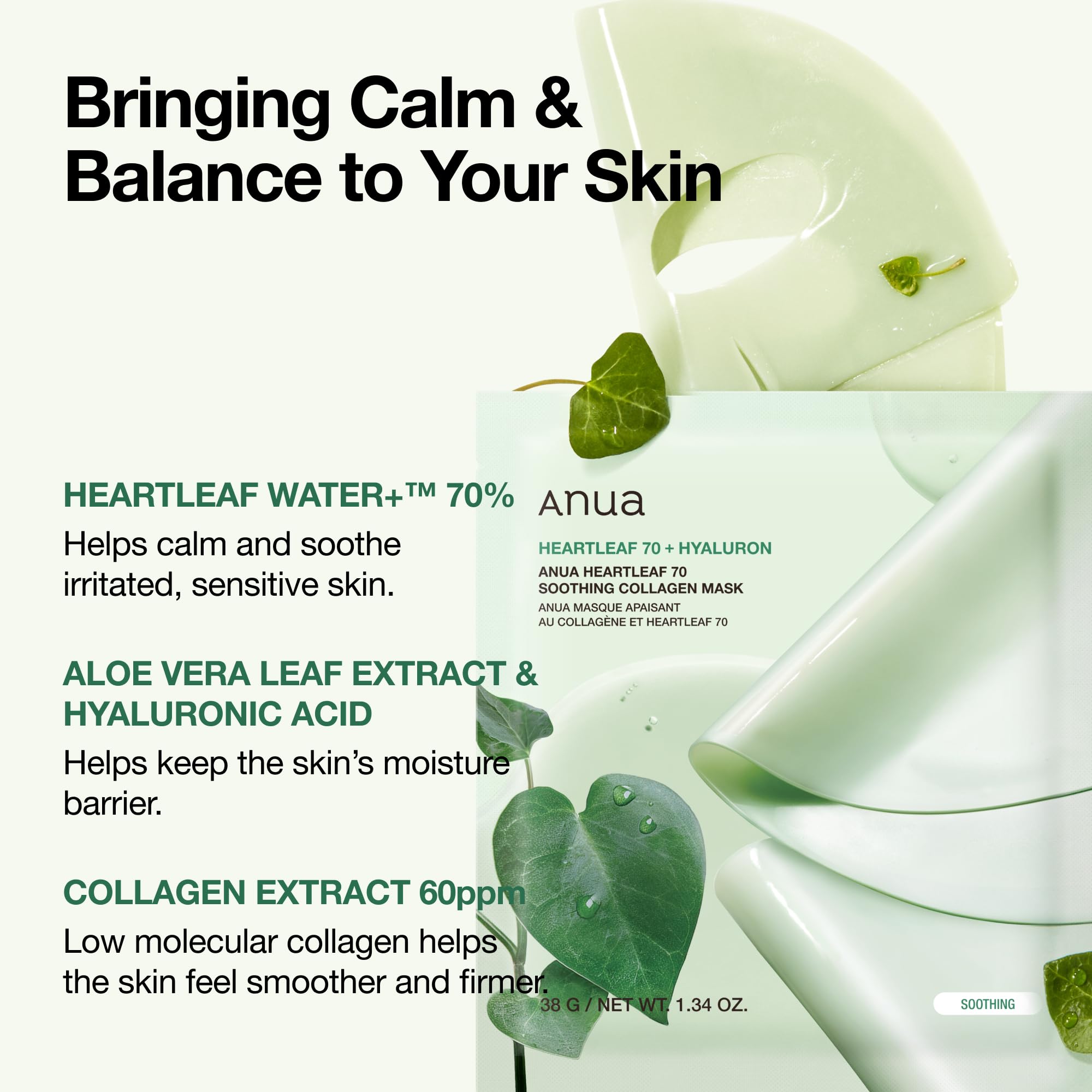 ANUA Rice 70 Glow Collagen Mask, Overnight Face Mask for Glass Skin, Ceramide, Collagen Facial Mask, Skin Moisture Barrier, Tightening Care, Natural Color, Korean Skincare, 1.34 oz/4ea