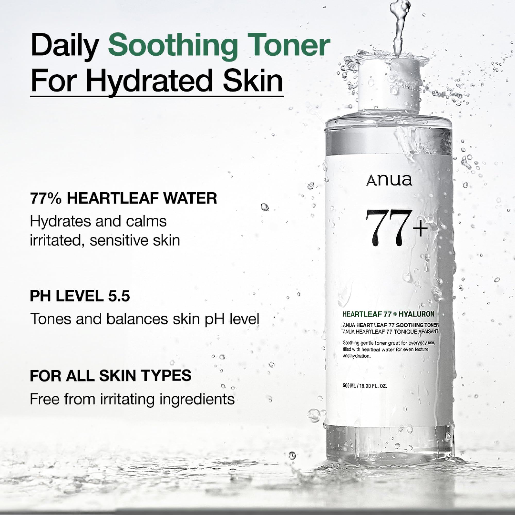 Anua Heartleaf 77 Soothing Toner, Moisturizing & Calming Facial Toner for Glass Skin, Hyaluronic Acid, Lightweight Hydration for Sensitive Skin, Redness Relief,Skin Cooling,Korean Skin Care,16.9 fl.oz