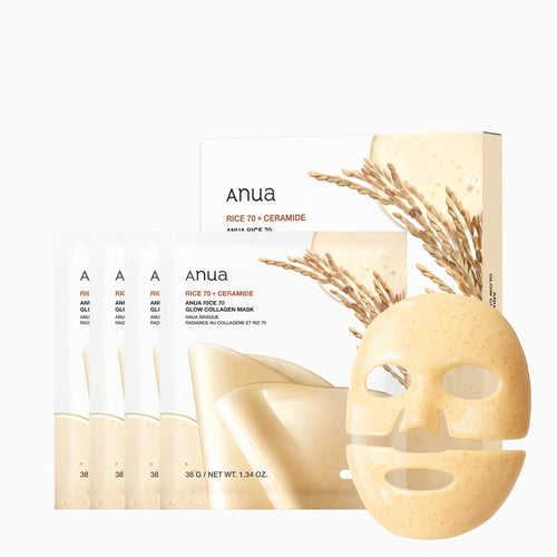 ANUA Rice 70 Glow Collagen Mask, Overnight Face Mask for Glass Skin, Ceramide, Collagen Facial Mask, Skin Moisture Barrier, Tightening Care, Natural Color, Korean Skincare, 1.34 oz/4ea